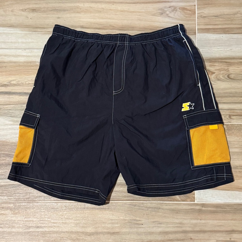 Starter Mens Nylon Cargo Swim Trunks Black Yellow Mesh Pockets Large 0113